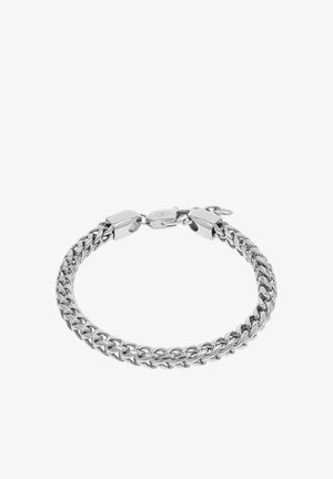 Zilverkleurige dikke schakelarmband met kreeftenklauwsluiting en schakels, gepolijste metalen afwerking, cirkelvorm.