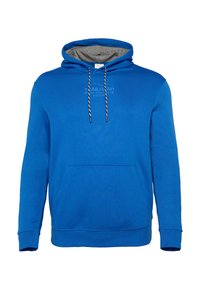 Niebieska bluza z kapturem, wykonana z miękkiego materiału; wyposażona w regulowane szare sznurki, przednią kieszeń oraz ściągacze przy mankietach. Logo nadrukowane na klatce piersiowej.