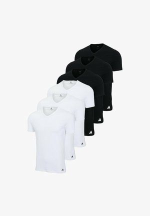 Sechs T-Shirts in einem Pack: drei weiße und drei schwarze, mit einem V-Ausschnitt und kleinen Logo-Akzenten am Saum. Weicher Stofftextur.