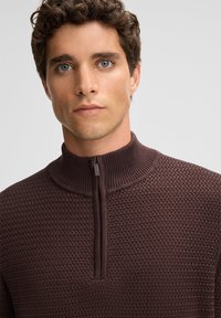 Brauner Pullover mit Reißverschluss am Hals, strukturiertem Strickmuster, geripptem Kragen und einem kurzen Reißverschlussdetails an der Vorderseite. Glatte Stoffoberfläche.