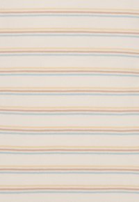Gestreifter Stoff mit horizontalen Linien in hellblau, sanftem Orange und Beige vor einem cremefarbenen Hintergrund; glatte Textur.