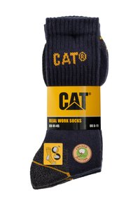 Chaussettes de travail en coton bleu foncé avec logo CAT jaune, talon et orteils renforcés, et design à la cheville. Emballé avec des instructions d'entretien.