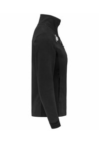 Giacca in pile nera con colletto alto, maniche lunghe e tasche laterali con zip; presenta un logo bianco sul petto e una superficie liscia.