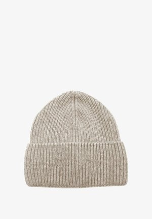 Beige knitted beanie with a ribbed texture, featuring a folded cuff and a rounded top. Simple design with no additional patterns or accents.
