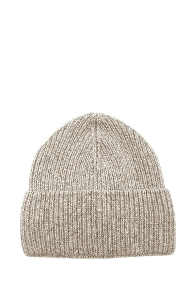 Beige knitted beanie with a ribbed texture, featuring a folded cuff and a rounded top. Simple design with no additional patterns or accents.