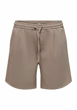 Pantaloncini beige con fascia elastica in vita, coulisse frontale e sottili pieghe anteriori, progettati per un utilizzo casual.