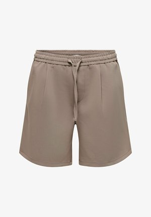 Pantaloncini beige con fascia elastica in vita, coulisse frontale e sottili pieghe anteriori, progettati per un utilizzo casual.