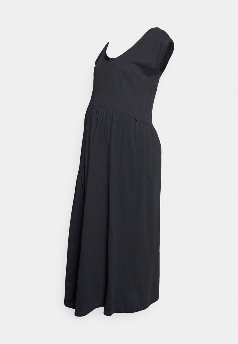 Vestido preto feito de um tecido macio, com decote redondo, mangas curtas, cintura império e saia fluida com bolsos laterais.