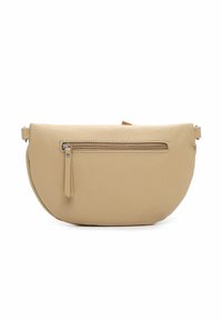 Beige leren handtas met een ronde vorm, voorzien van een voorvak met rits en een kleine ritssluiting, een gladde textuur en een minimalistisch ontwerp.