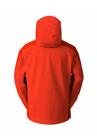 Rote wasserdichte Jacke mit Kapuze, die eine glatte Textur, lange Ärmel und schwarze Akzente an den Seiten aufweist, von hinten betrachtet.