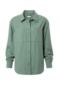 Green button-up shirt featuring two chest pockets, a collared neckline, and long sleeves. Made from soft, smooth fabric with a relaxed fit.
