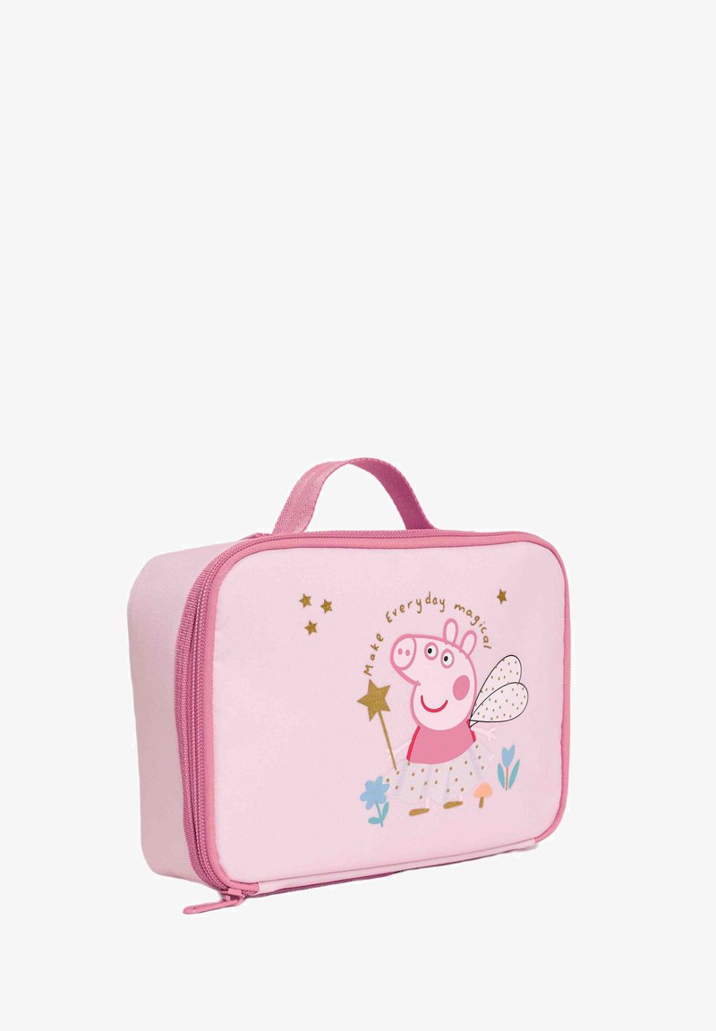 Neceser de tela rosa con cremallera, que presenta un personaje de dibujos animados con alas, una varita mágica y un diseño de falda brillante.