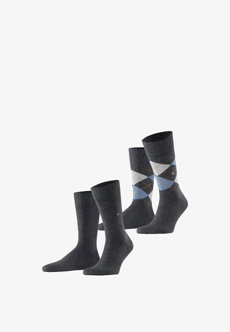 Four pairs of socks: two solid dark gray pairs and two patterned argyle pairs in gray, blue, and white with an accent orange diamond.