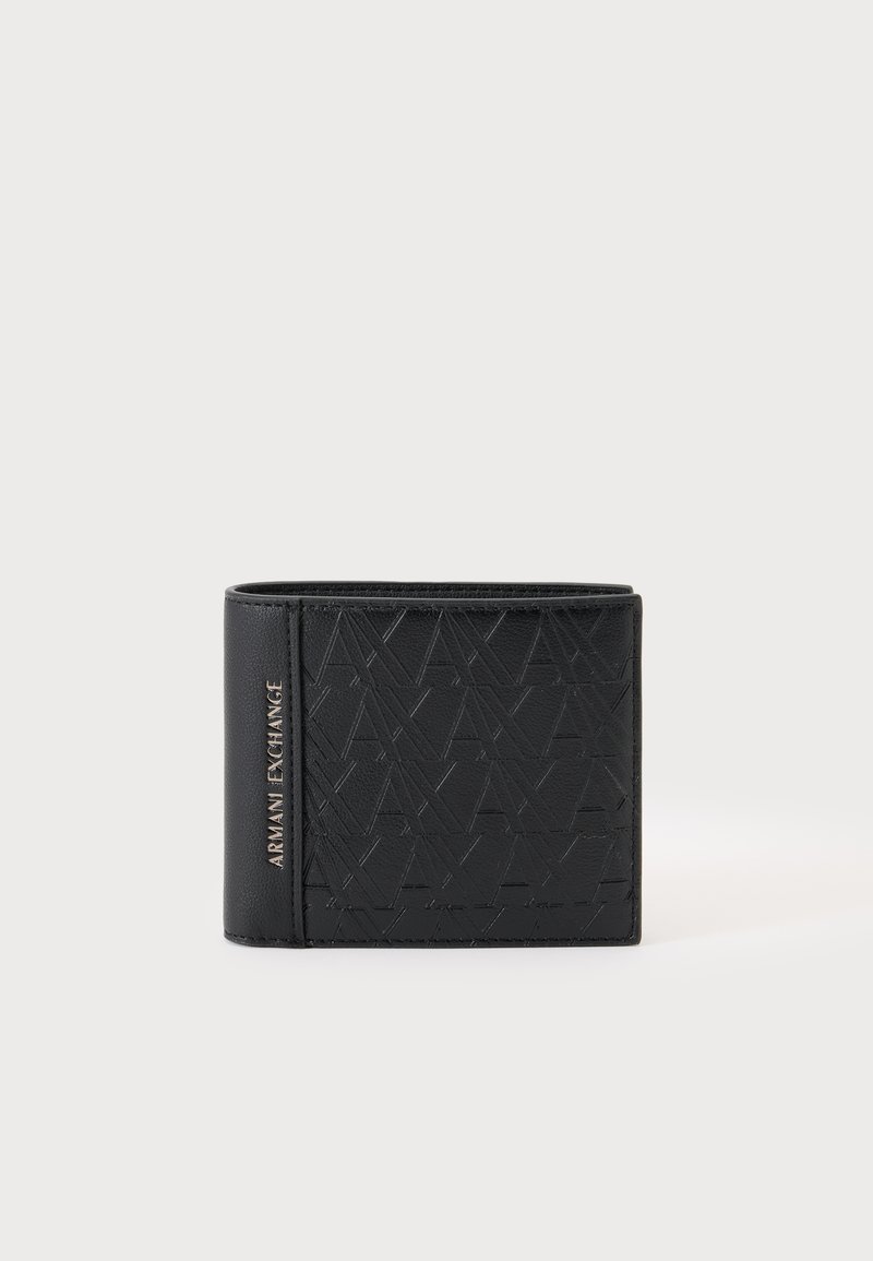 Μαύρο δίπτυχο πορτοφόλι Armani Exchange με ανάγλυφο μοτίβο AX και χρυσό λογότυπο στην αριστερή πλευρά, σε απλό ανοιχτό φόντο.