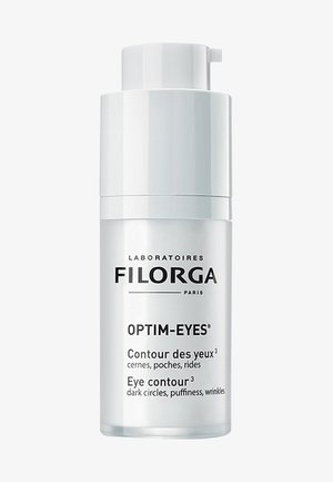White cylindrical pump bottle with a metallic sheen. Front label features "FILORGA OPTIM-EYES" in black text, detailing eye care benefits.