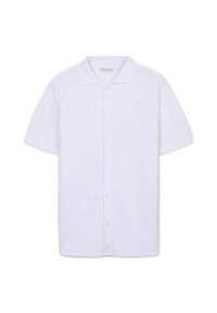 Kurzarmpoloshirt aus weichem Stoff in Weiß mit Knopfleiste und Kragen. Einfaches Design ohne Muster oder Akzente.