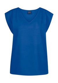 Blaues V-Ausschnitt-Oberteil mit Kurzarm. Aus glattem Stoff, mit entspanntem Schnitt und einem schlichten Design ohne zusätzliche Verzierungen.