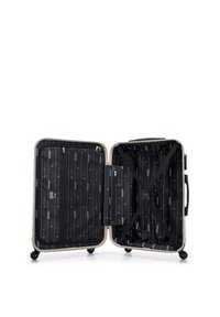 Offener silberner Hartschalenkoffer mit schwarzem Innenraum, Kreuzgurten, Reißverschlussfächern und vier Rollen auf weißem Hintergrund.