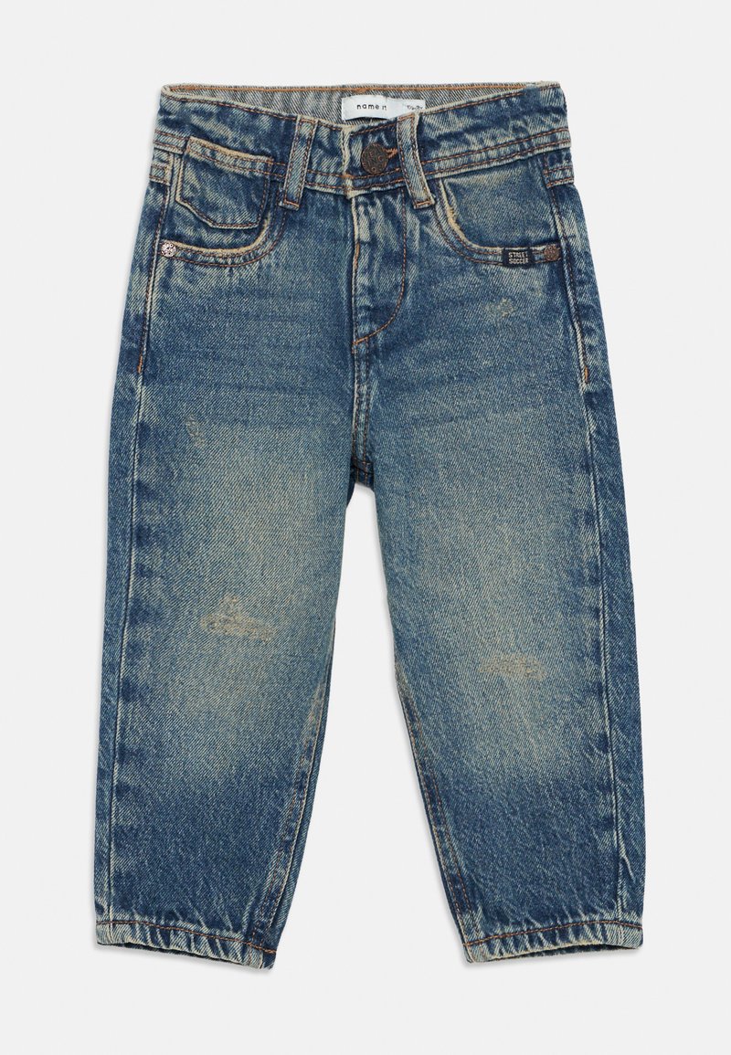 Μπλε τζιν παντελόνι με άνετη εφαρμογή, χαρακτηρισμένο από ξεθωριασμένες πινελιές, πέντε τσέπες και καφέ ραφή γύρω από την μέση.