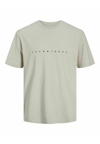 Helles graues Baumwoll-T-Shirt mit rundem Halsausschnitt und kurzen Ärmeln, auf der Brust mit dem aufgedruckten Logo "JACK & JONES" in Schwarz.