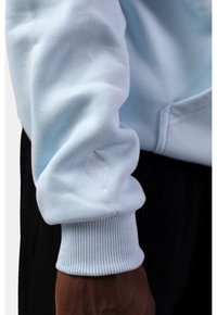 Felpa azzurra chiara con polsini a costine e un design geometrico ricamato sulla manica. Texture del tessuto morbida, vestibilità casual.
