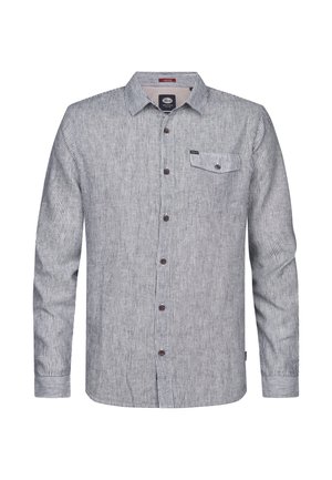 Camicia a righe grigie e bianche con bottoni, realizzata in tessuto leggero; presenta una tasca sul petto e bottoni marroni. Maniche lunghe con dettaglio polsino.