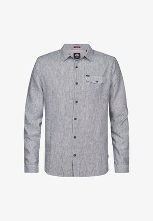 Cămașă cu dungi în gri și alb, confecționată dintr-un material ușor; are un buzunar la piept și nasturi maro. Mâneci lungi cu detaliu la manșetă.