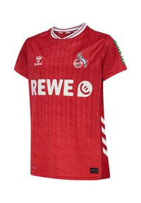 Maglia da calcio rossa realizzata in tessuto traspirante, con logo bianco "REWE", stemma della squadra e dettagli a righe sulle maniche.