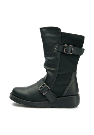 Black leather knee-high boot with a slouchy shaft, featuring two side straps with silver buckles and a thick rubber sole.