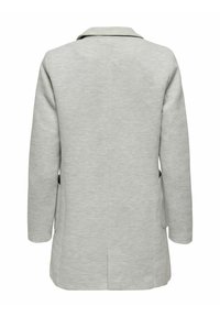Manteau gris clair à manches longues avec un motif chevrons subtil, un col, une fente arrière et des poches latérales, vu de dos.