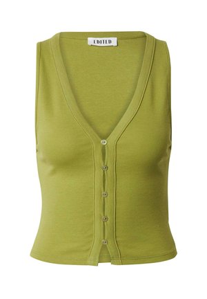Groene mouwloze top van soepel materiaal met een diepe V-hals, knoopsluiting aan de voorkant en een aansluitende pasvorm bij de taille.