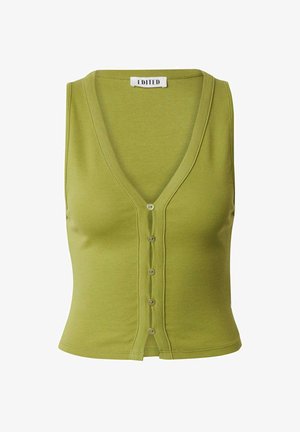 Groene mouwloze top van soepel materiaal met een diepe V-hals, knoopsluiting aan de voorkant en een aansluitende pasvorm bij de taille.