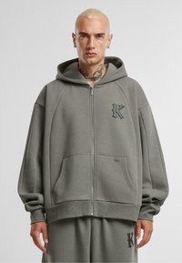 Gray zip-up hoodie made of soft fabric, featuring a hood, front pockets, and a logo accent. Oversized fit with ribbed cuffs and hem.