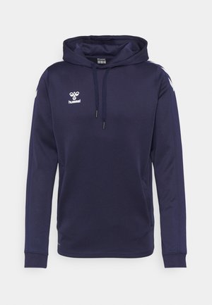 Marinblå huvtröja gjord av slät tyg. Har en framficka, långa ärmar, dragsko i huvan och en logotyp på bröstet.