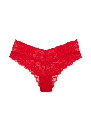Red lace thong featuring floral patterns, scalloped edges, and a solid waistband at the back. Thin fabric with sheer texture throughout.