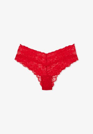 Perizoma rosso in pizzo con motivi floreali, bordi ondulati e una vita solida sul retro. Tessuto sottile con una trama trasparente in tutto.