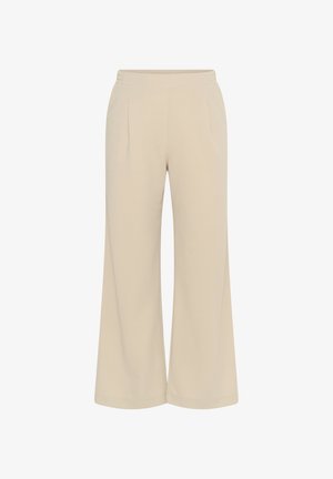 Pantaloni bej cu croială largă, talie elastică, pliuri frontale și buzunare laterale, concepuți pentru un fit confortabil.