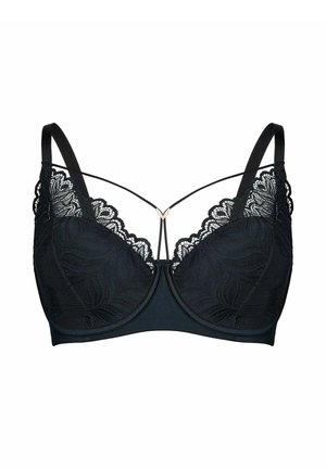 Schwarzer Spitzen-BH mit Bügel, gezackten Spitzenkanten, dünnen dekorativen Trägern über der Brust und verstellbaren Schulterträgern.