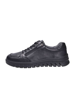 Sneaker casual in pelle nera con superficie strutturata, chiusura frontale con lacci, cerniera laterale e suola spessa in gomma con scanalature per la trazione.