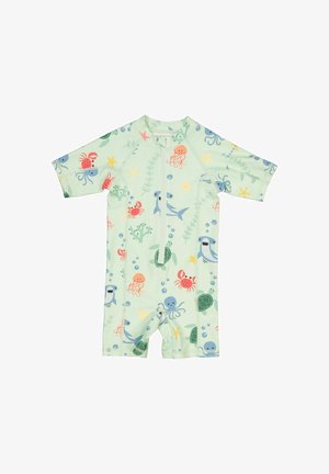 Kortærmet, lysegrøn badesuit med farverige marine liv mønstre, herunder krabber, blæksprutter og havskildpadder. Lynlås lukning foran.