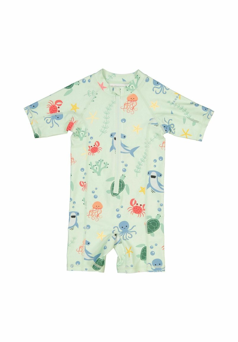 Lyhythihainen, vaaleanvihreä uimapuku, jossa on värikkäitä merieläinkuvioita, kuten rapuja, mustekaloja ja merikilpikonnia. Edessä vetoketjukiinnitys.