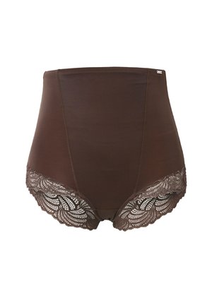 Bruine hooggewaisted slip van een zachte stof. Voorzien van een verfijnde kanten rand bij de benen, wat textuur en detail aan het ontwerp toevoegt.