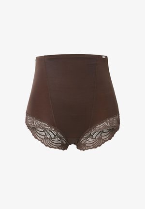 Slip a vita alta marrone realizzato in tessuto liscio. Presenta un intricato bordo in pizzo lungo le gambe, che aggiunge texture e dettaglio al design.