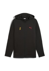 Sort hættetrøje med lynlås foran, der har rødt Puma-logo og gult "S"-accent. Glat tekstur med sidelommer og kontrasterende sømme.