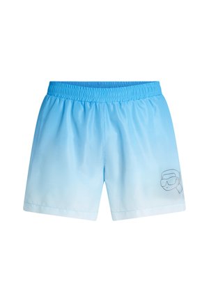 Costume da bagno azzurro chiaro con design a degradé, vita elastica e una semplice sagoma grigia di un volto con occhiali da sole nell'angolo in basso a destra.