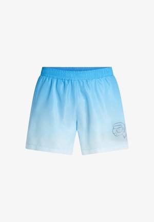 Costume da bagno azzurro chiaro con design a degradé, vita elastica e una semplice sagoma grigia di un volto con occhiali da sole nell'angolo in basso a destra.