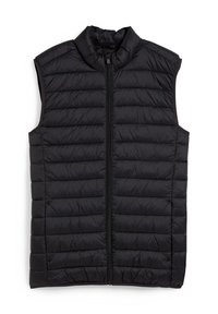 Czarna pikowana kamizelka bez rękawów, z wysokim kołnierzem, z poziomym pikowanym wzorem i przednim zamkiem błyskawicznym. Gładki, lekki materiał.