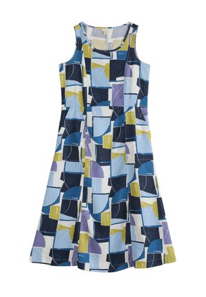 Bezramienna sukienka bawełniana z geometrycznym wzorem w kolorze niebieskim, purpurowym i żółtym. Sukienka w kształcie litery A z okrągłym dekoltem i długości do kolan.