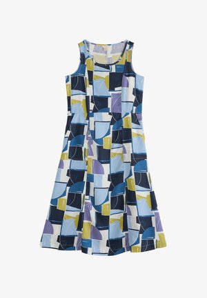 Bezramienna sukienka bawełniana z geometrycznym wzorem w kolorze niebieskim, purpurowym i żółtym. Sukienka w kształcie litery A z okrągłym dekoltem i długości do kolan.