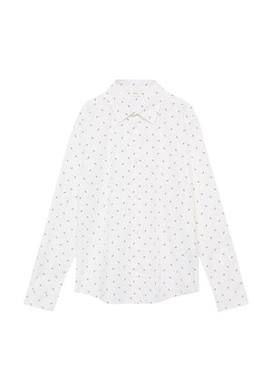 Camicia bianca a maniche lunghe con colletto e motivo geometrico di piccole frecce nere. Chiusura frontale con bottoni e texture di tessuto morbido.